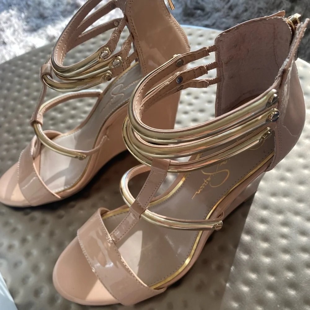 Jessica Simpson Nude Patent Wedge Sandals with Gold Accent Straps